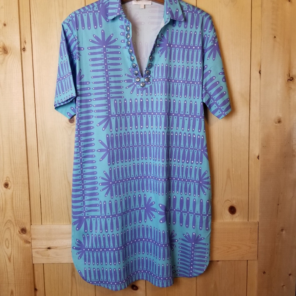 Sheridan French Rhodes Botanical Print Stud Accent V-Neck Collar Pocketed Dress